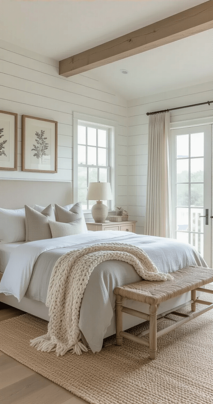 Coastal Grandma Decor: Your Ultimate Guide to Effortless Seaside Elegance A master bedroom bathed in morning light, featuring vaulted ceilings, French doors to a balcony, white shiplap walls, a queen bed with soft gray bedding, a cream chunky knit throw, weathered oak nightstands with ceramic lamps, and a seagrass bench under a window, all enhanced by vintage botanical prints and gauzy curtains.