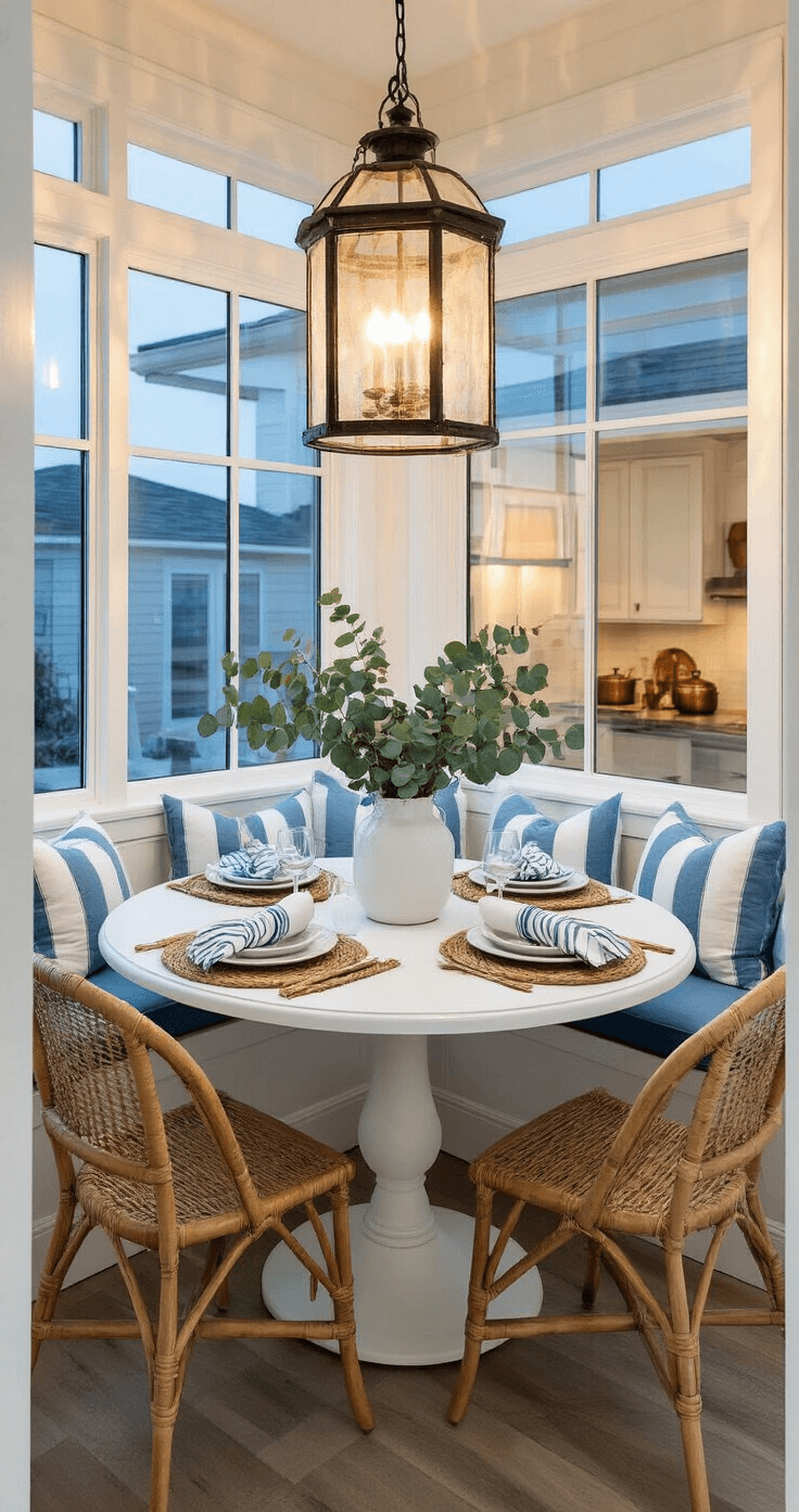 Coastal Grandma Decor: Your Ultimate Guide to Effortless Seaside Elegance An intimate corner dining nook at dusk featuring a built-in window seat with coastal blue cushions, a distressed white round pedestal table, and rattan chairs, illuminated by a warm lantern pendant. Eucalyptus branches in a white ceramic vase, with striped linen napkins and rope placemats adding texture. Vintage copper pots are visible through a kitchen doorway, creating a moody evening ambiance.