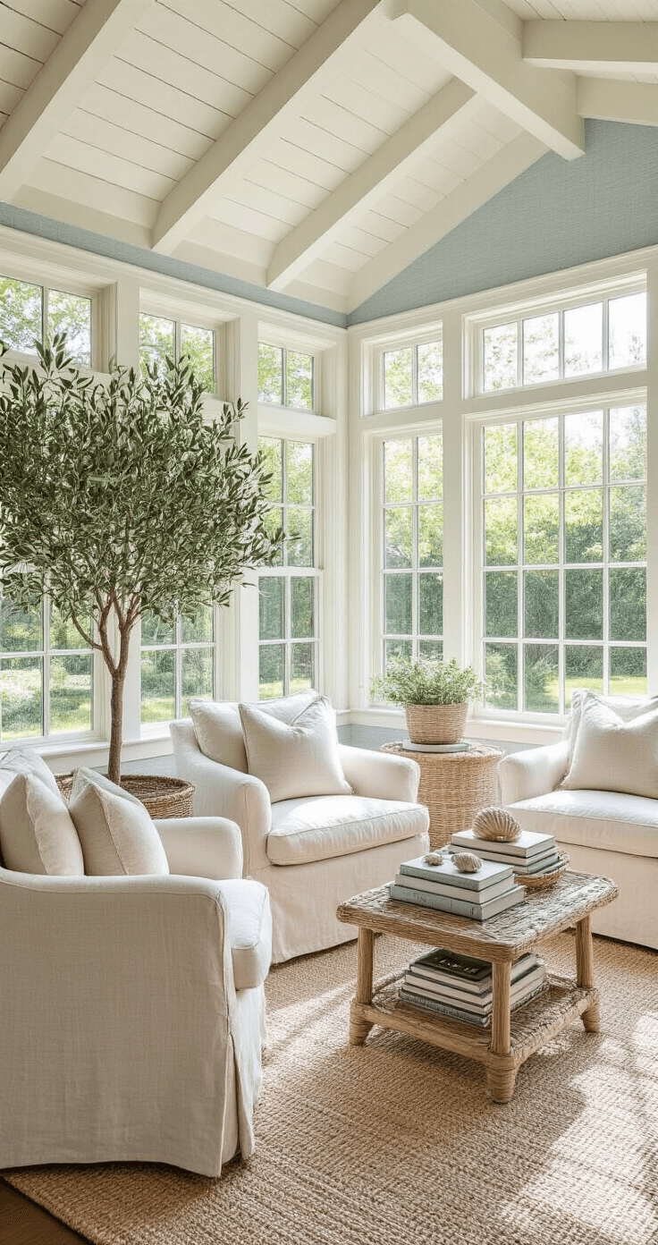 Coastal Grandma Decor: Your Ultimate Guide to Effortless Seaside Elegance Bright sunroom sanctuary featuring a wall of windows, swivel chairs in oatmeal linen, weathered teak side tables with vintage books, a potted olive tree, and pale blue grasscloth wallpaper, all illuminated by midday light.