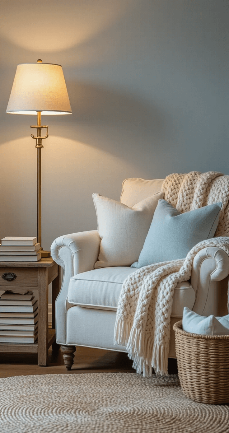 Coastal Grandma Decor: Your Ultimate Guide to Effortless Seaside Elegance Cozy reading corner at twilight featuring an oversized ivory armchair with a cable knit throw, a brass floor lamp, a distressed wooden side table with soft-hued books, and a seagrass basket of pillows, against pale blue-gray walls.