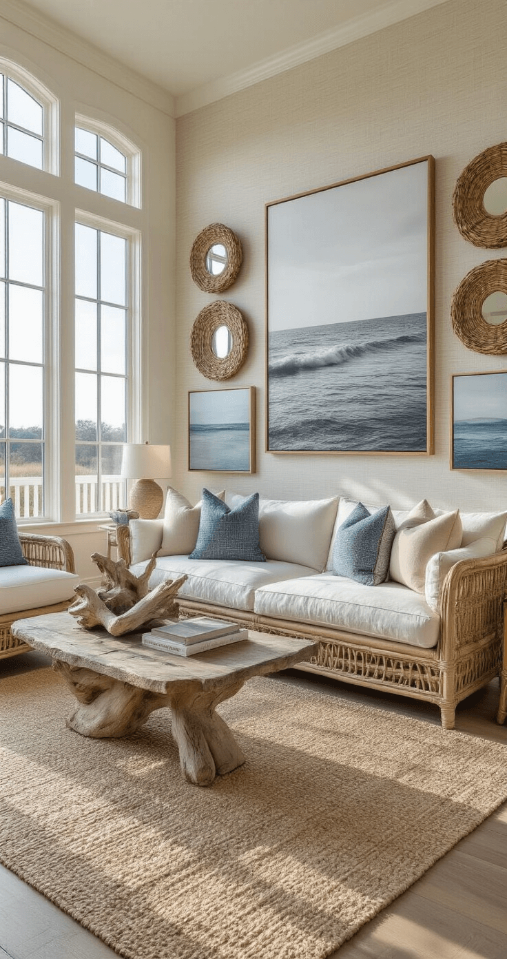 Modern Coastal Wall Decor: Transform Your Space with Serene Ocean-Inspired Art A sunlit living room with high ceilings, showcasing a coastal gallery wall adorned with a large black and white ocean photograph, driftwood sculptures, and abstract seascapes in soft blues, against a backdrop of 'White Sand' walls with grasscloth accents.