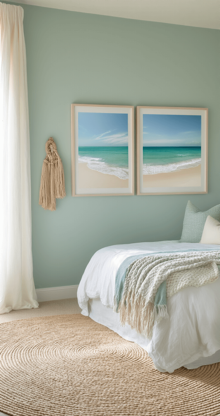Modern Coastal Wall Decor: Transform Your Space with Serene Ocean-Inspired Art A serene primary bedroom featuring soft morning light, sheer linen curtains, and a focal wall with a triptych of aerial beach photographs in whitewashed frames, surrounded by handwoven rope art. The room is painted in Sherwin Williams 'Sea Salt' and decorated in a color palette of seafoam green, pale sand, and cerulean blue, with a natural fiber carpet adding texture. Shot from the doorway.