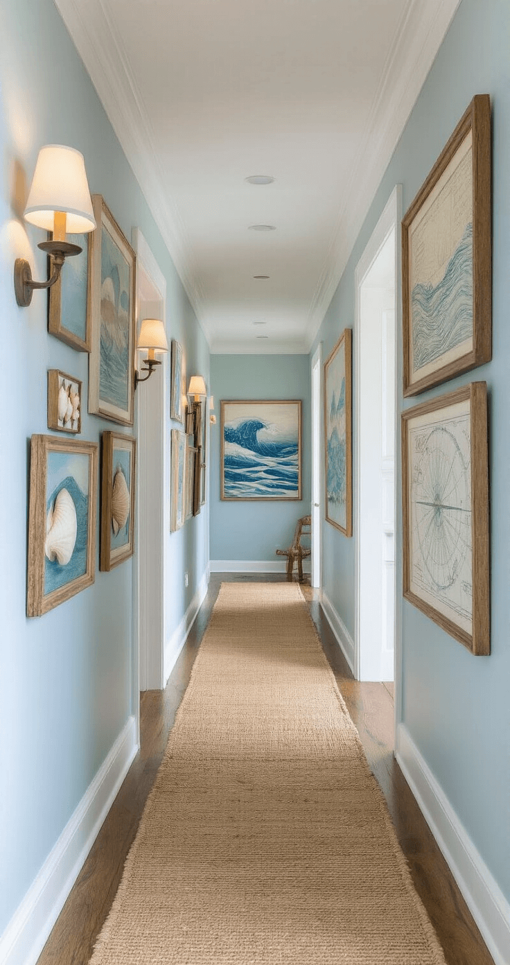 Modern Coastal Wall Decor: Transform Your Space with Serene Ocean-Inspired Art A floor-level view of a coastal art gallery hallway, featuring 9ft ceilings, walls in Farrow & Ball 'Light Blue,' and white trim. Warm sconces illuminate framed seashells, abstract wave paintings, and vintage nautical maps, with a natural jute runner guiding the eye.