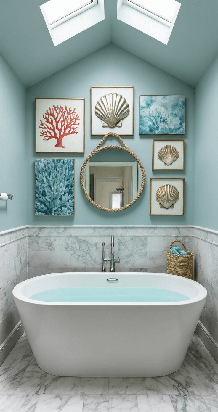 Modern Coastal Wall Decor: Transform Your Space with Serene Ocean-Inspired Art A modern bathroom showcasing a statement wall of coastal art above a freestanding tub, featuring watercolor coral prints, metallic shell sculptures, and a circular mirror with rope detail, set against 'Ocean Air' walls and marble flooring, with dramatic afternoon light from a skylight.