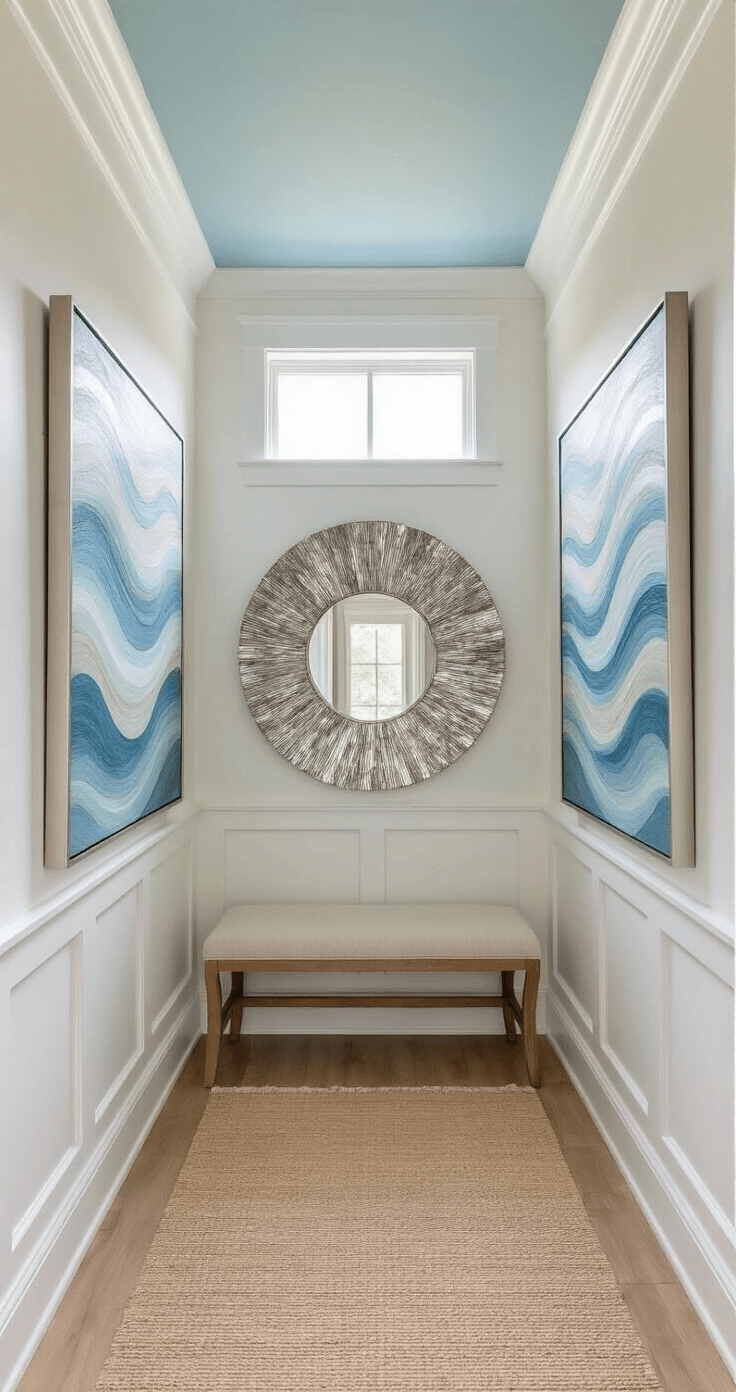 Modern Coastal Wall Decor: Transform Your Space with Serene Ocean-Inspired Art A bright 10x12ft entryway with architectural wainscoting and coastal decor, featuring a large 48