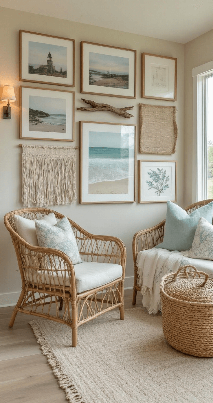 Modern Coastal Wall Decor: Transform Your Space with Serene Ocean-Inspired Art Cozy living room corner with coastal gallery wall, featuring mixed framed photography and driftwood art, warm white and sandy beige colors, rattan chair, and woven basket, shot with soft focus and natural lighting.