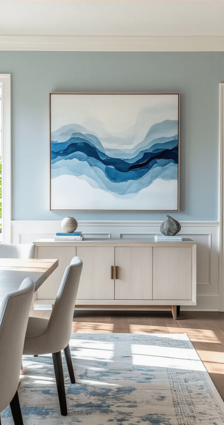 Modern Coastal Wall Decor: Transform Your Space with Serene Ocean-Inspired Art A minimalist dining room featuring a 6ft wide abstract seascape above a modern sideboard, with complementary mixed media art showcasing metallic accents. The walls are painted Behr 'Offshore Mist' with white trim. Afternoon light casts subtle shadows, captured from dining table height.