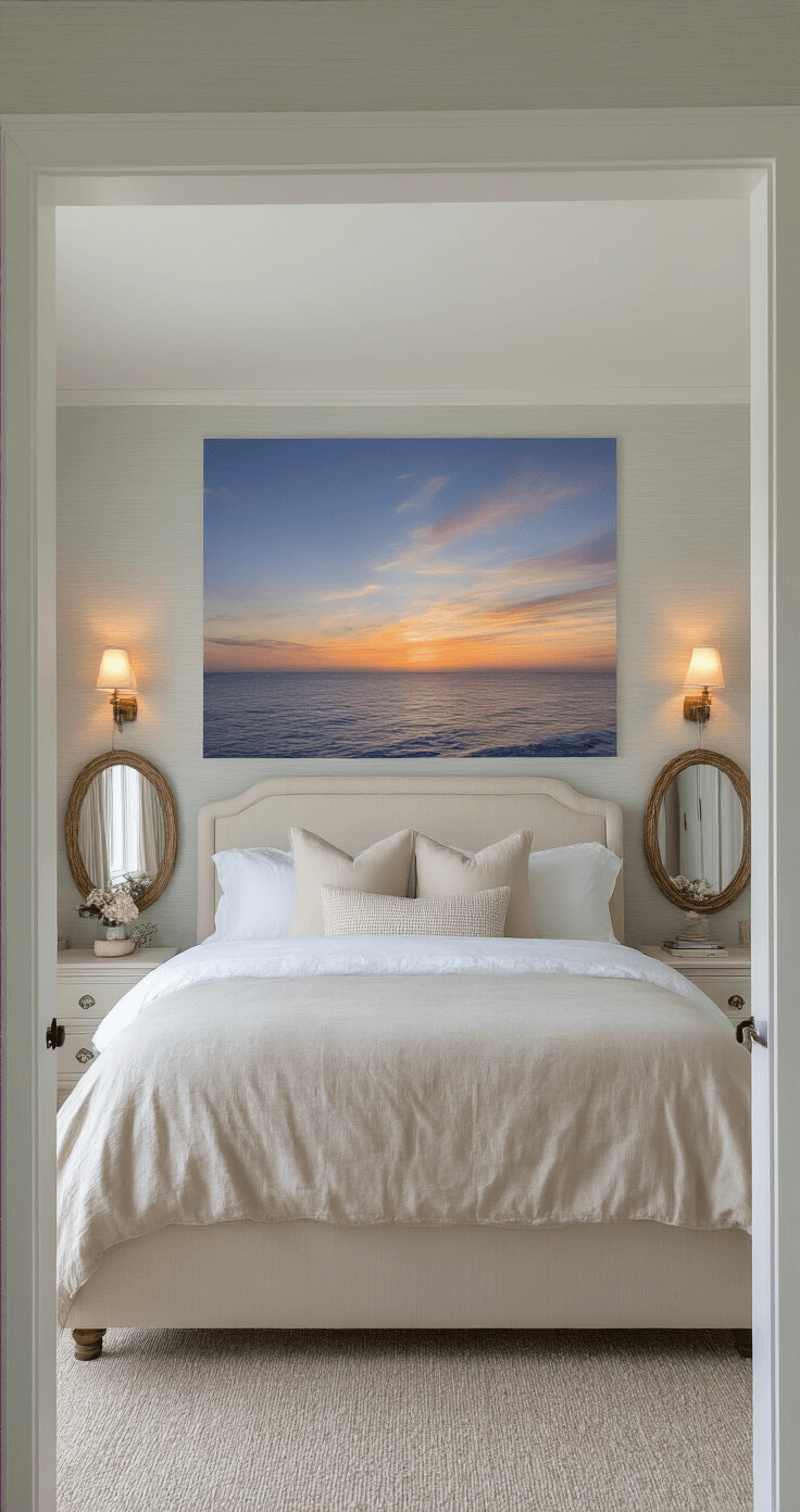 Coastal Wall Decor: Transform Your Space with Beach-Inspired Artistry A low-angle view of a master bedroom at golden hour, showcasing a dramatic ocean horizon photograph above a whitewashed headboard, with gray-blue 'Sea Salt' walls and sandy beige linen bedding. Warm light from maritime sconces illuminates textured grasscloth wallpaper, while shell-adorned mirrors flank the bed, and sunset glow filters through gauzy curtains.