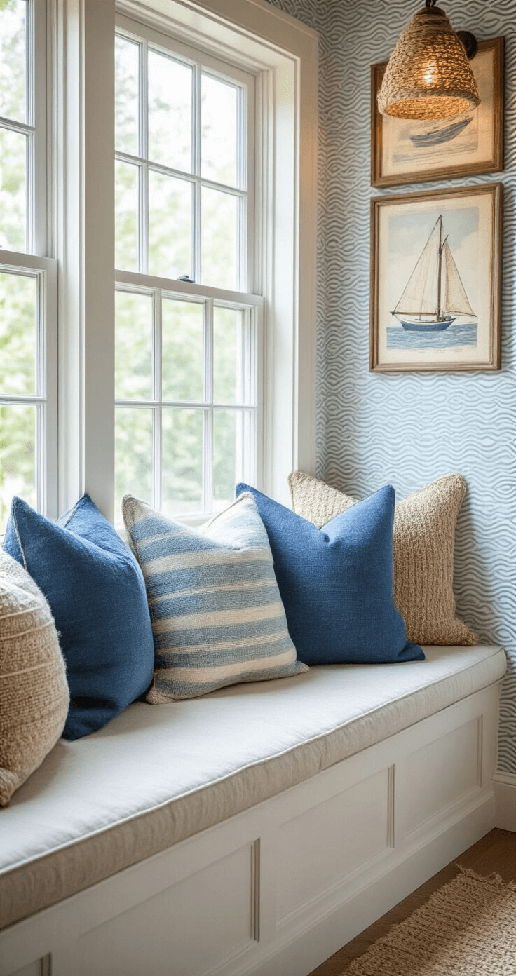 Coastal Wall Decor: Transform Your Space with Beach-Inspired Artistry Cozy reading nook featuring a built-in window seat adorned with handmade coastal pillows in shades of blue, illuminated by late morning light. Vintage sailing prints in weathered frames line the walls, while a rope accent light fixture casts intriguing patterns. The textured wallpaper displays a subtle wave pattern, with a close-up focus on the pillow details and the window seat softly blurred in the background.