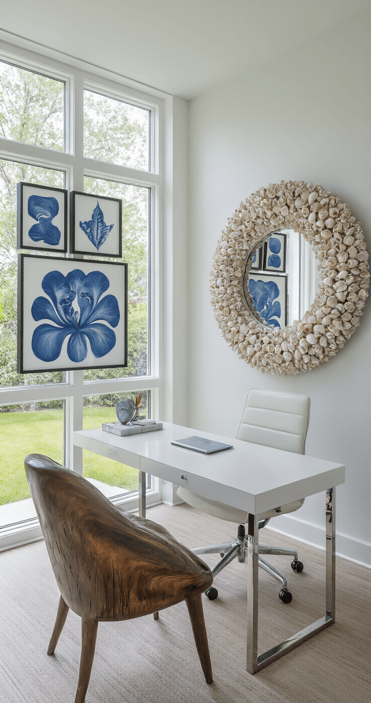 Coastal Wall Decor: Transform Your Space with Beach-Inspired Artistry Modern coastal office featuring floor-to-ceiling windows with a garden view, a shell-encrusted mirror above a sleek white desk, a gallery wall of blue and white abstract art in floating frames, and a carved wooden whale tail sculpture, all captured from desk height with natural light reflecting in the windows.