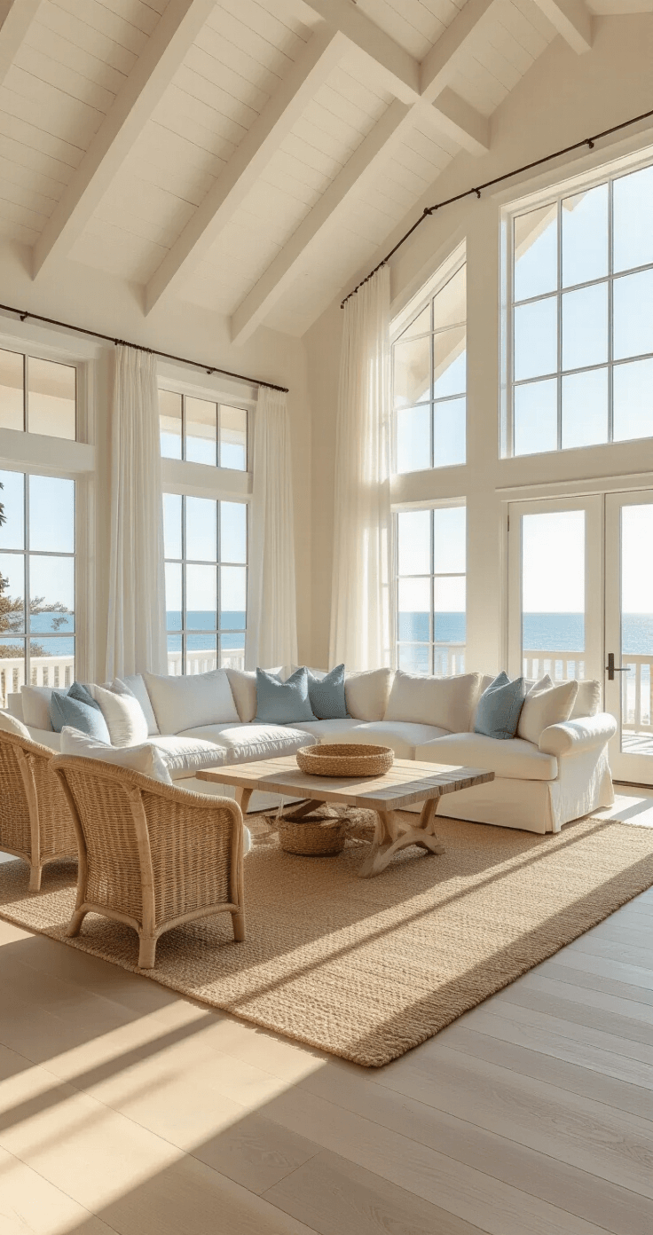 Coastal Home Decor: Your Ultimate Guide to Breezy, Relaxed Styling A spacious coastal living room with white-washed cathedral ceilings and wide plank oak floors, featuring an oversized ivory sectional, rattan chairs, and a bleached wood coffee table, illuminated by golden hour light.