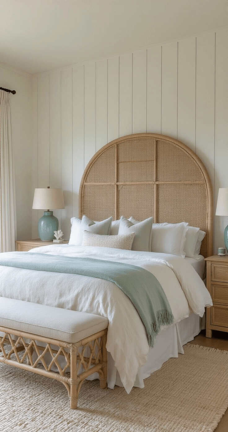 Coastal Home Decor: Your Ultimate Guide to Breezy, Relaxed Styling A serene master bedroom at dawn featuring tall board and batten walls in warm white, a king bed with rumpled linen bedding in vanilla and seafoam, an oversized rattan headboard, and sisal nightstands with sea glass green lamps. An accent wall of sandy beige grasscloth wallpaper complements the early morning light filtering through gauzy curtains, with minimal decor including a piece of coral and a woven throw.