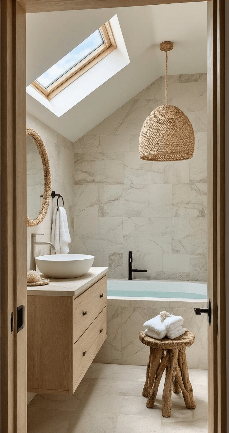 Coastal Home Decor: Your Ultimate Guide to Breezy, Relaxed Styling Serene bathroom retreat featuring floor-to-ceiling warm white marble tile, a bleached oak floating vanity with a vessel sink, an oversized round mirror with rope detail, and a freestanding soaking tub beneath a skylight, styled with sea sponges, white towels, and a driftwood stool, shot from the doorway in diffused natural light.