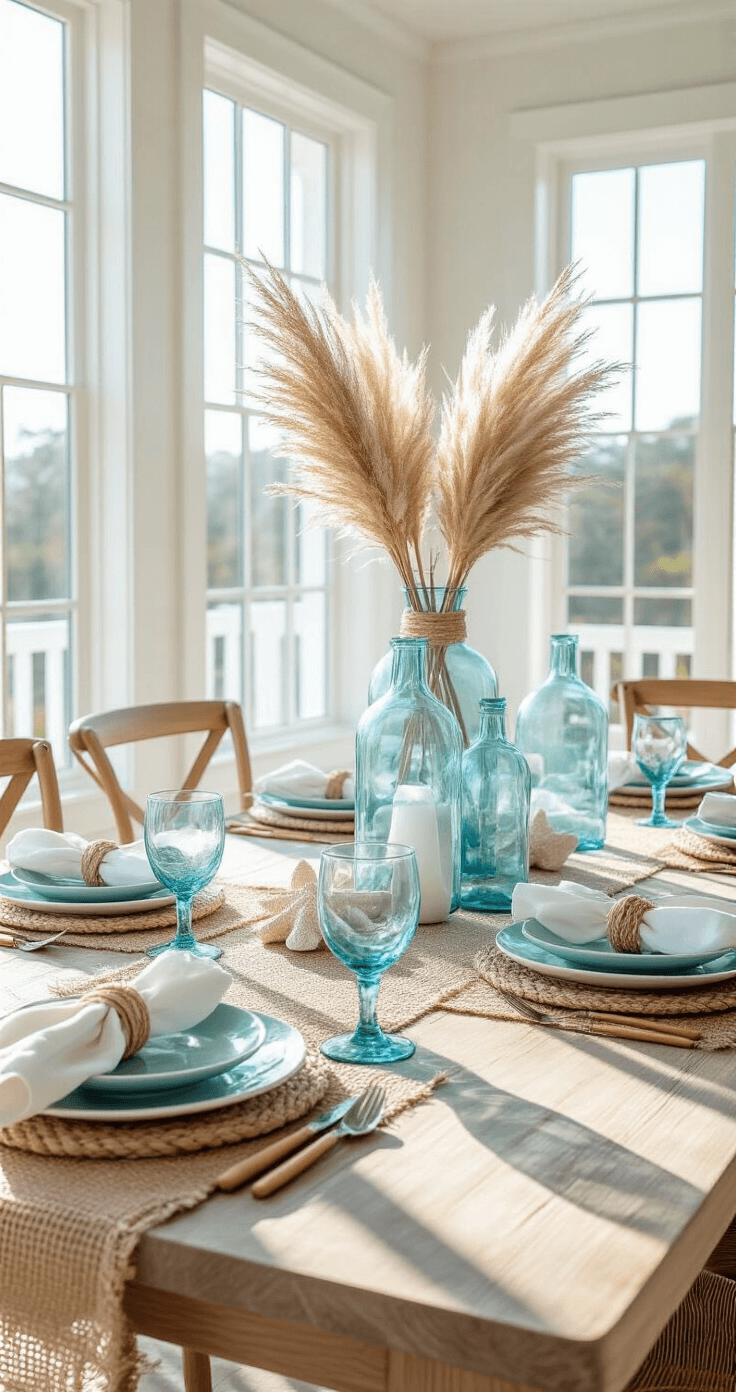 Coastal Table Decor: Transform Your Dining Space into a Seaside Sanctuary Bright white coastal dining room with wall-to-wall windows, featuring a weathered oak table set for brunch. Aqua blue glasses, textured white plates, and rope napkin rings adorn the table, complemented by a centerpiece of glass bottles in sea blues filled with pampas grass and starfish. Soft natural light creates a dreamy atmosphere.