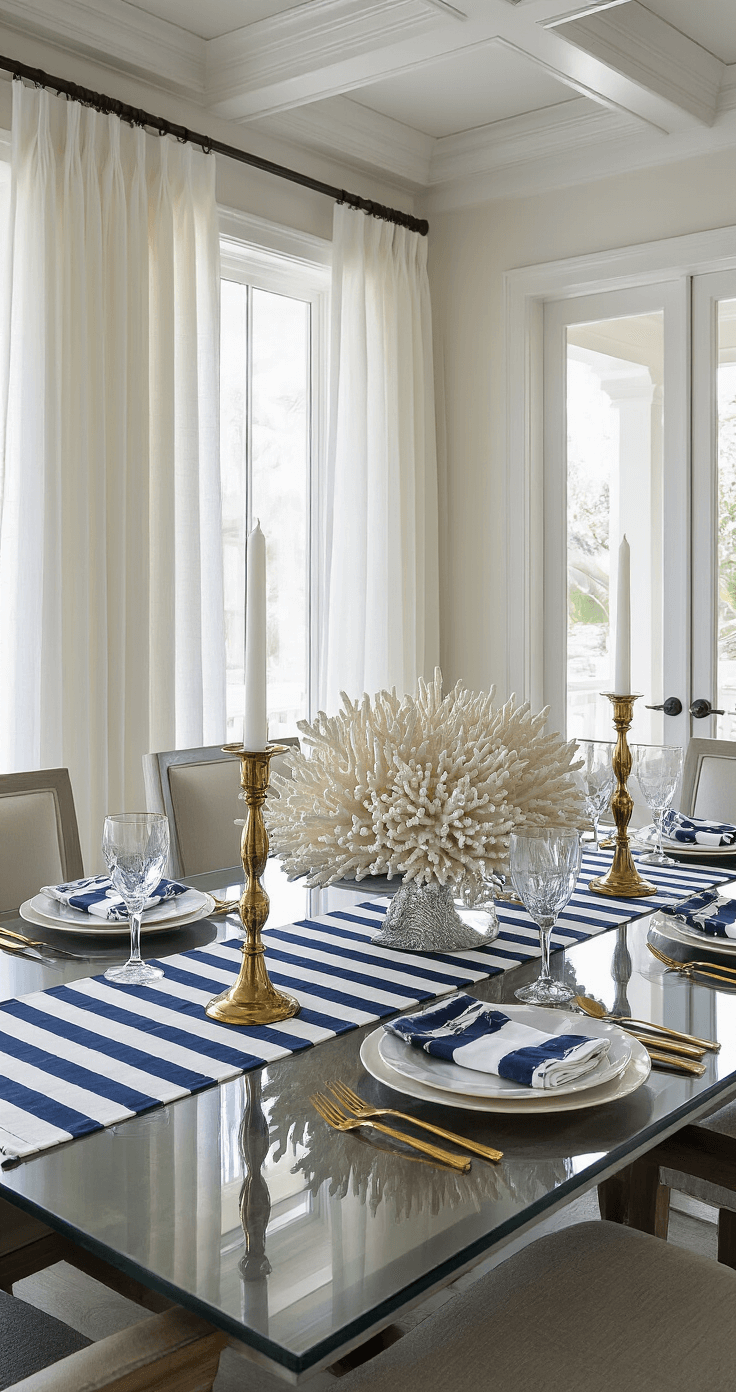 Coastal Table Decor: Transform Your Dining Space into a Seaside Sanctuary A luxurious nautical dining setting featuring a glass-topped table with mother-of-pearl chargers and crystal stemware, surrounded by an oversized white coral centerpiece and polished brass hurricane lamps, all illuminated by afternoon light filtering through sheer white curtains. Shot from above at a 30-degree angle, highlighting geometric patterns and metallic accents in a modern 18x20ft space with a dramatic coffered ceiling.