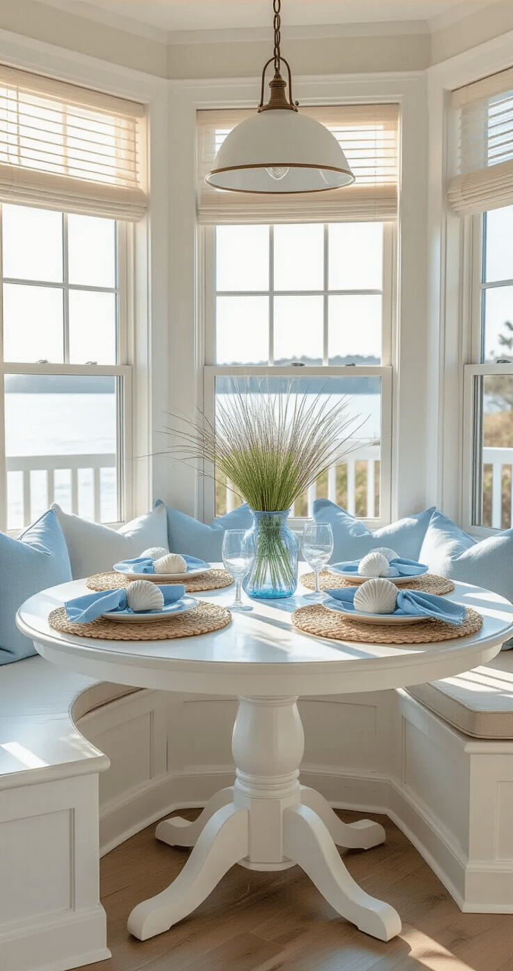 Coastal Table Decor: Transform Your Dining Space into a Seaside Sanctuary A cozy breakfast nook featuring bay windows, early morning light creating prisms through blue sea glass decor, a whitewashed round table with seagrass placemats, pale blue napkins, and a coastal grasses arrangement in a glass vase.