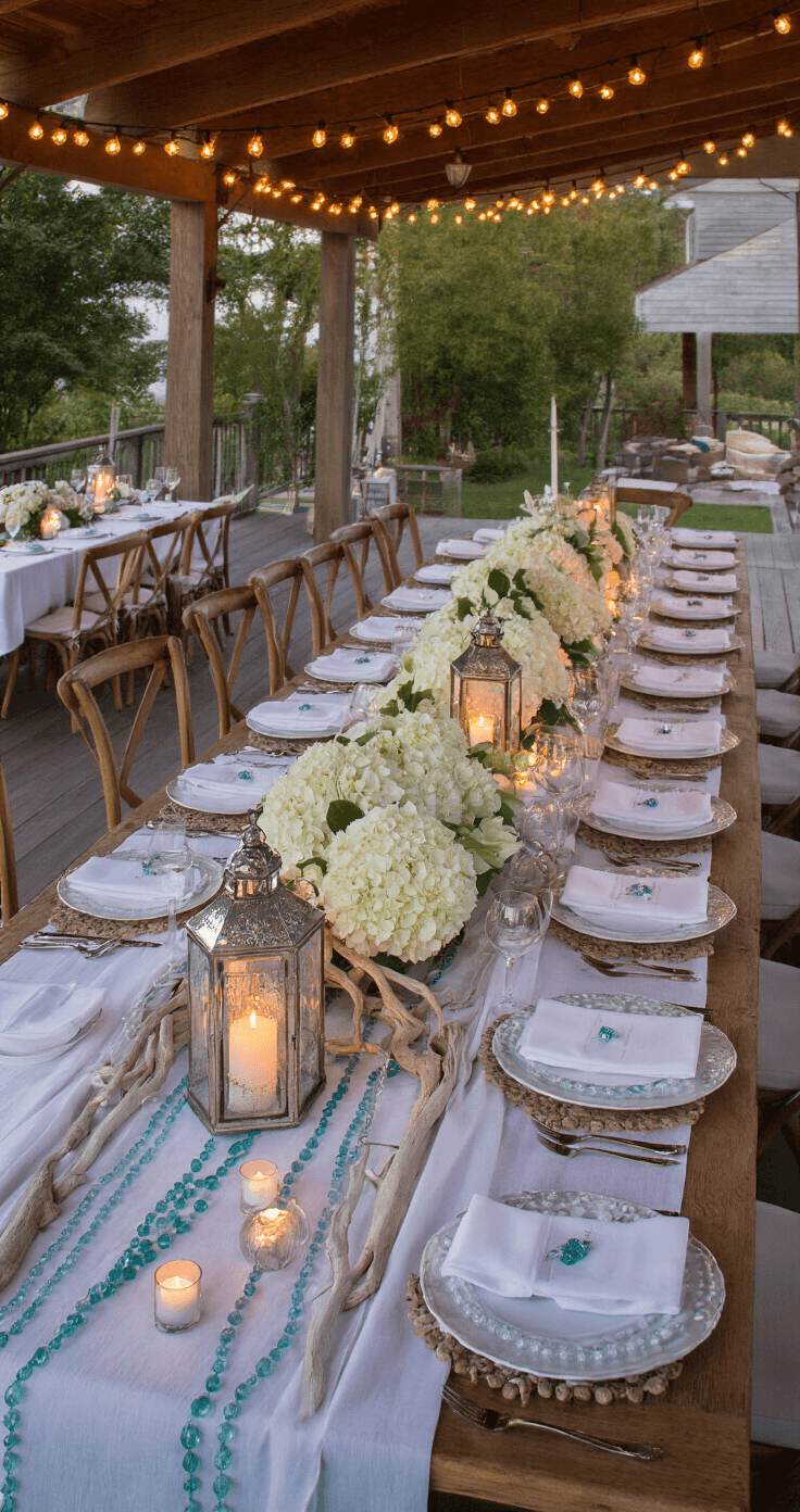 Coastal Table Decor: Transform Your Dining Space into a Seaside Sanctuary A beautifully arranged seaside dining area featuring a long farmhouse table with white linens, sea glass beaded runners, and a cascading centerpiece of white hydrangeas and driftwood, all illuminated by string lights and lanterns during twilight.