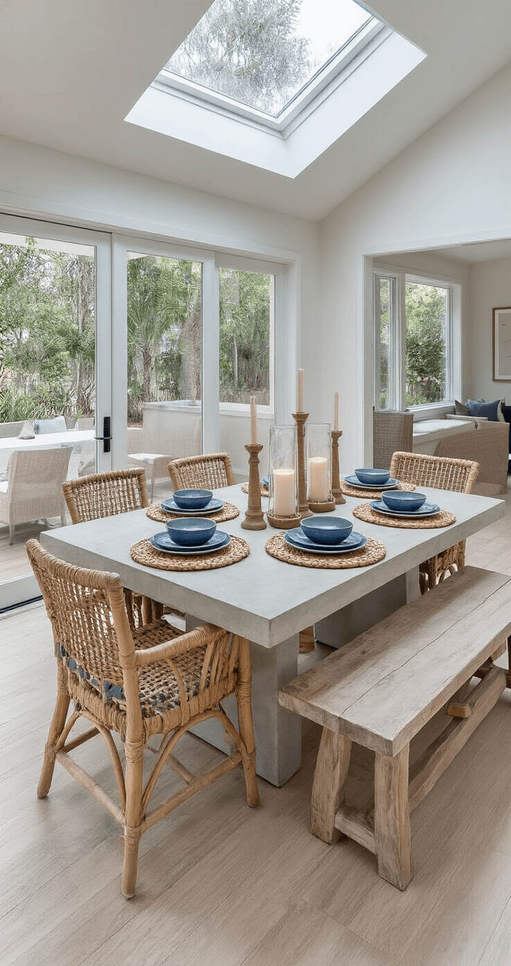 Coastal Table Decor: Transform Your Dining Space into a Seaside Sanctuary A contemporary coastal dining space featuring a square concrete-top table set with woven water hyacinth placemats, blue-rimmed earthenware, and knotted rope accents under mid-afternoon skylight, with a centerpiece of varied height hurricane candle holders filled with sand and shells, all on bleached wood floors.