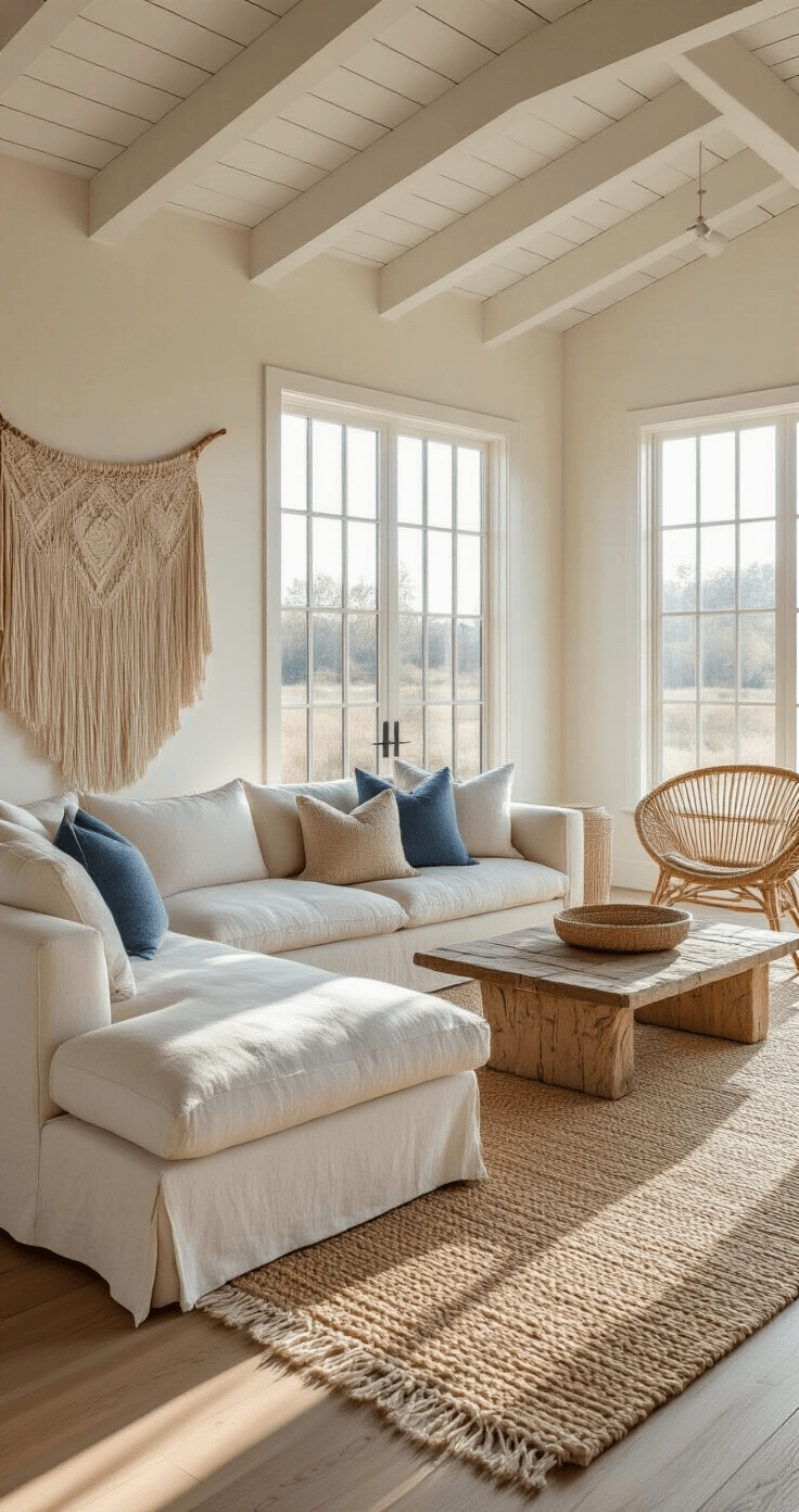 Coastal Boho Decor: Create Your Dreamy, Laid-Back Sanctuary A spacious sunlit living room featuring high ceilings, exposed wooden beams, and floor-to-ceiling windows, showcasing a plush ivory sofa with blue and sand cushions, layered rugs, a rattan chair, and a macramé wall hanging, all bathed in warm golden hour light.