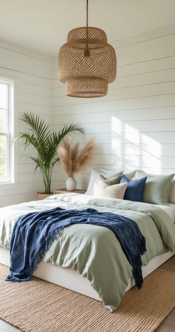 Coastal Boho Decor: Create Your Dreamy, Laid-Back Sanctuary A serene master bedroom with whitewashed shiplap walls, featuring a low-profile platform bed in rumpled sage linen, illuminated by an oversized rattan pendant casting shadows. Vintage indigo textiles and handwoven throws add texture, while a potted palm and dried pampas grass bring organic elements. A natural sisal carpet completes the tranquil setting.