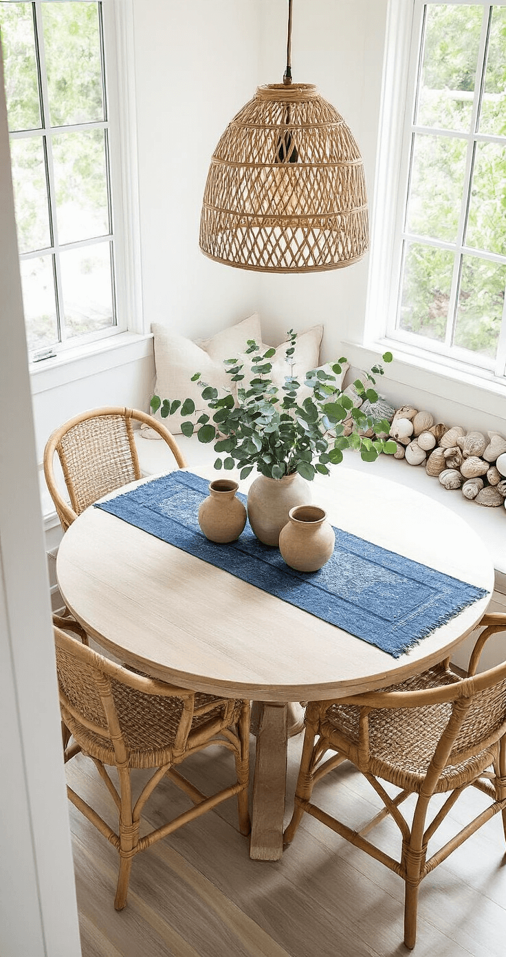 Coastal Boho Decor: Create Your Dreamy, Laid-Back Sanctuary A bohemian dining nook featuring a round bleached wood table with rattan chairs, adorned with handmade ceramic vessels of eucalyptus on a vintage indigo runner, and illuminated by a woven pendant lamp casting shadows on white walls. A natural linen-cushioned window seat displays collected shells and driftwood, accentuating a stylish yet casual atmosphere.