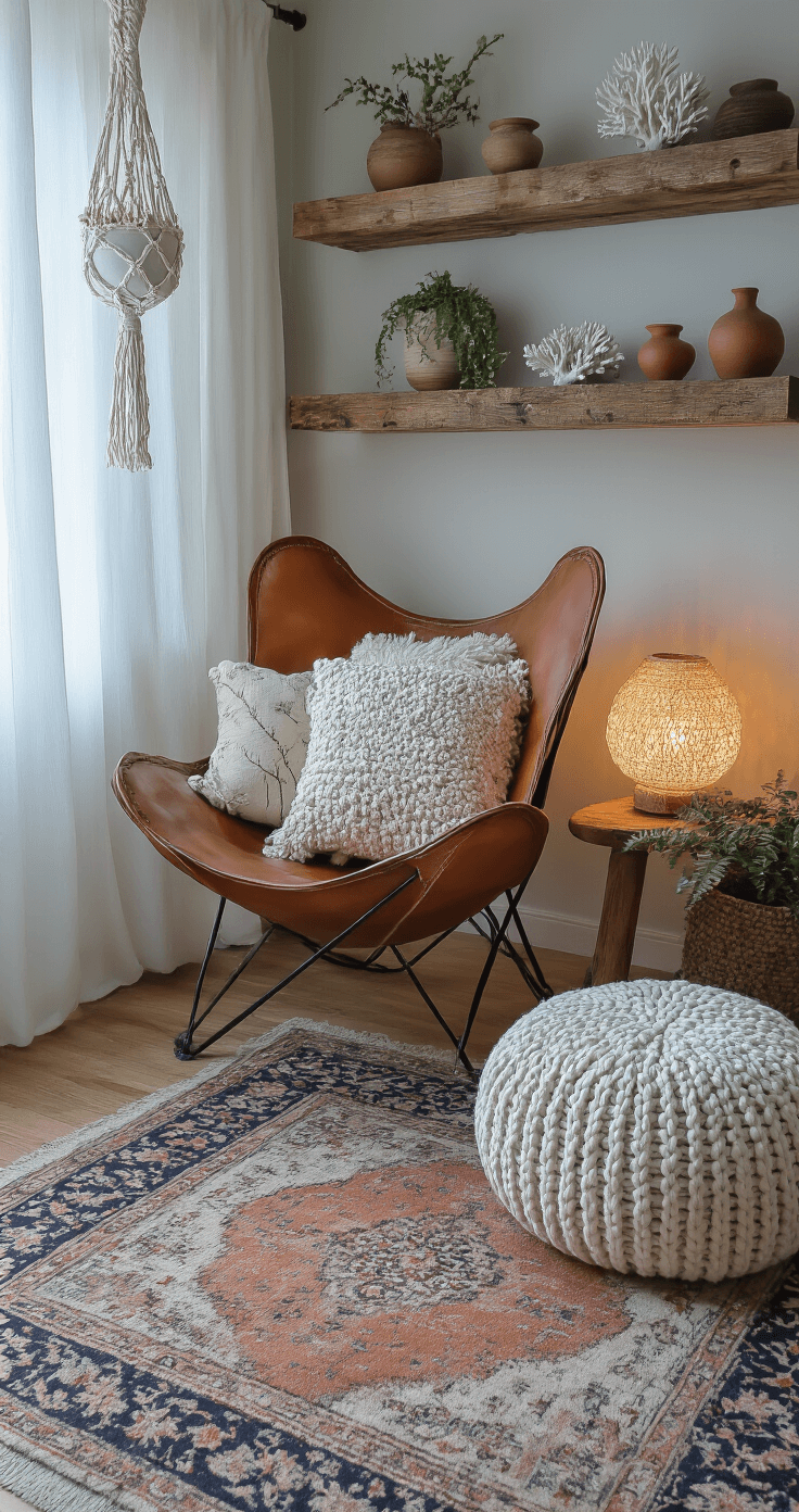 Coastal Boho Decor: Create Your Dreamy, Laid-Back Sanctuary Cozy reading corner featuring an oversized leather butterfly chair and a chunky knit pouf, with floating reclaimed wood shelves displaying pottery and coral, a macramé plant hanger with a trailing vine, and vintage Persian rug, all softly illuminated by a ceramic table lamp during blue hour.