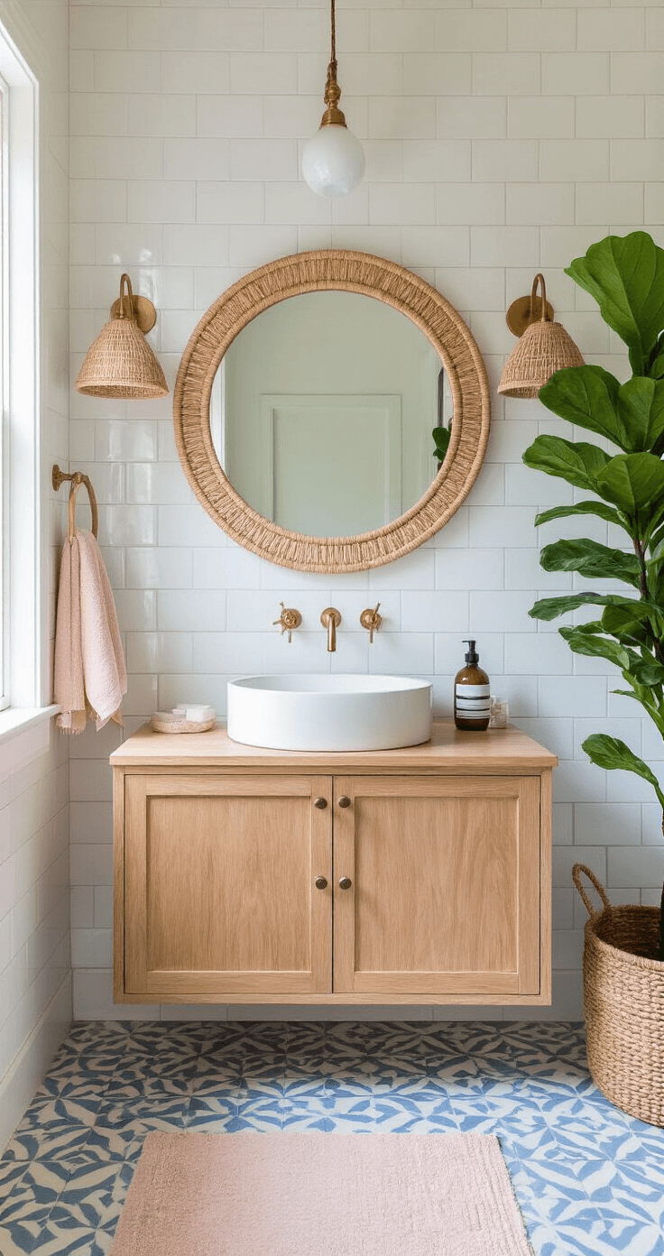 Coastal Boho Decor: Create Your Dreamy, Laid-Back Sanctuary A serene bathroom sanctuary featuring pale blue geometric cement tiles and white subway walls, illuminated by morning light. A floating wooden vanity with a vessel sink and brass fixtures is centered, complemented by a round rattan mirror and woven sconces. Blush and sand-toned Turkish towels are neatly arranged, while a fiddle leaf fig adds natural height, with steam and light creating an ethereal atmosphere.