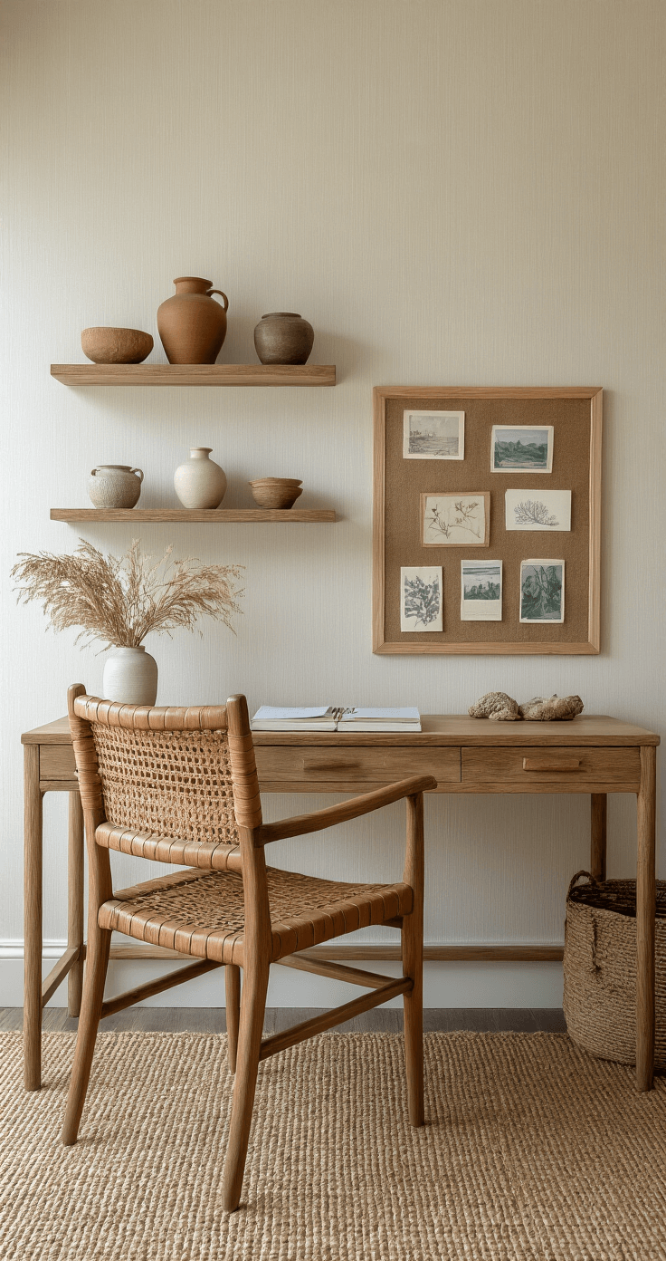 Coastal Boho Decor: Create Your Dreamy, Laid-Back Sanctuary A cozy home office nook featuring a vintage wooden desk and woven leather chair, adorned with floating shelves of ceramics and dried botanicals, set against textured cream wallpaper. A jute rug layered over seagrass matting complements the space, while a linen pinboard showcases postcards and natural specimens, all illuminated by warm late afternoon light.