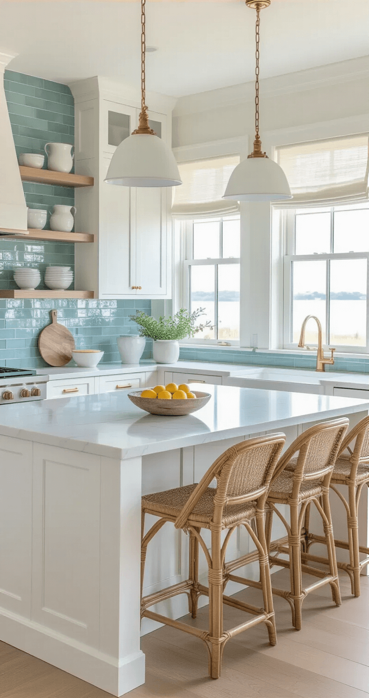 Coastal Kitchen Decor: Transform Your Space into a Breezy Seaside Sanctuary A sunlit coastal kitchen featuring white shaker cabinets, a sea-glass blue subway tile backsplash, and a quartzite waterfall island with rattan barstools, adorned with white ceramics, glass vessels, and natural decor elements.