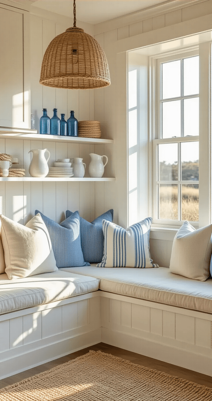 Coastal Kitchen Decor: Transform Your Space into a Breezy Seaside Sanctuary An intimate coastal kitchen vignette at golden hour, featuring a built-in window seat with cream linen cushions and azure striped pillows, white board and batten walls illuminated by a woven pendant light, open shelving displaying vintage blue glass bottles and white ceramic pitchers, and a natural jute rug, all captured with shallow depth of field highlighting warm whites, ocean blues, and natural fiber tones.