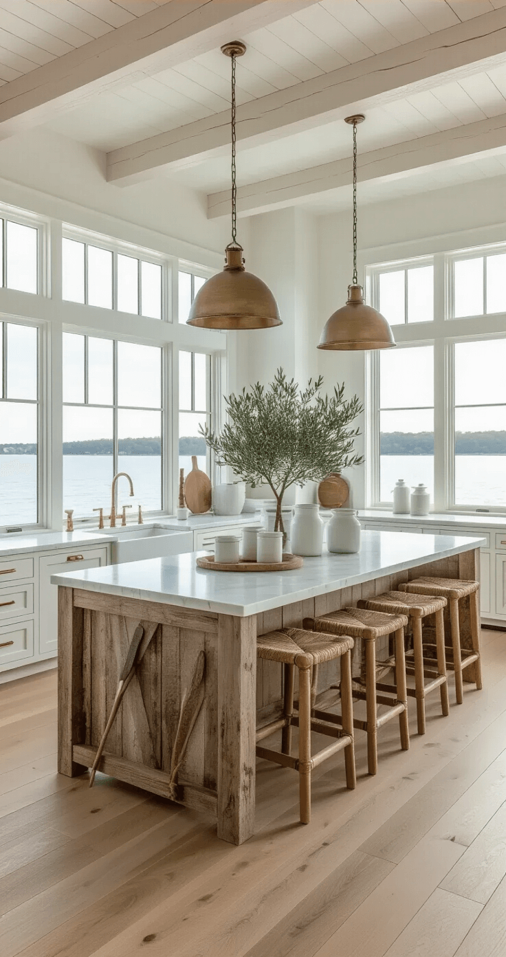 Coastal Kitchen Decor: Transform Your Space into a Breezy Seaside Sanctuary A coastal kitchen with a trestle ceiling and white oak flooring, featuring floor-to-ceiling windows, a reclaimed barnwood island with a marble top, woven rope stools, and aged brass pendant lights, styled with white ceramic canisters, a potted olive tree, and vintage oars as wall art, all illuminated by soft mid-morning light.