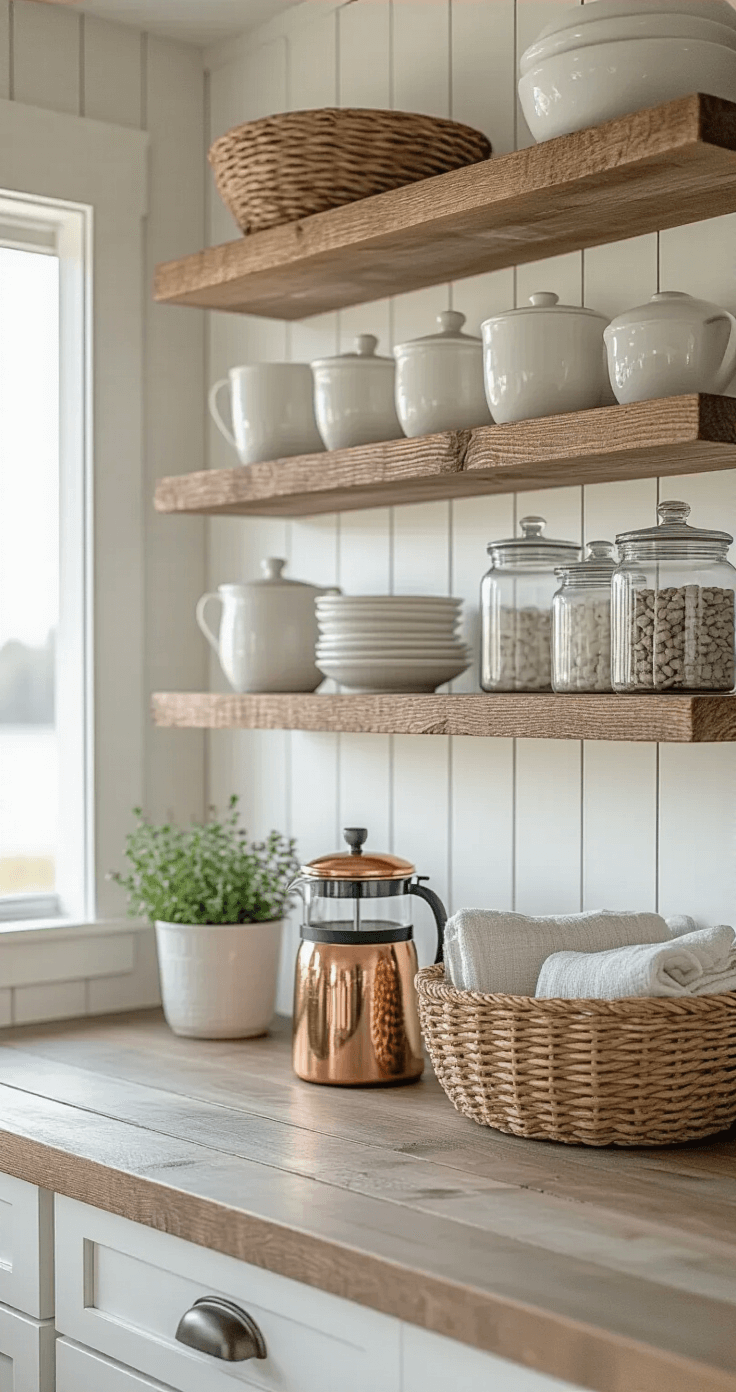 Coastal Kitchen Decor: Transform Your Space into a Breezy Seaside Sanctuary Detail shot of a coastal kitchen's coffee station at dawn, featuring reclaimed wood shelves with white pottery and glass canisters, a copper French press, a woven seagrass basket with linen tea towels, potted herbs, and a sea glass collection, all illuminated by soft morning light.