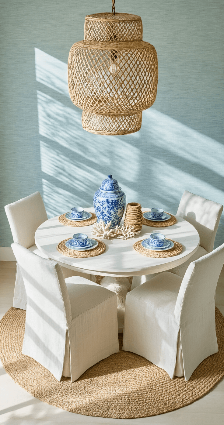 Coastal Kitchen Decor: Transform Your Space into a Breezy Seaside Sanctuary Overhead view of a coastal dining nook featuring a round whitewashed table with natural linen slipcovered chairs, styled with blue and white ginger jars and coral accents, all illuminated by afternoon light and shadowed by an oversized rattan pendant, set against pale blue grasscloth wallpaper and a sisal rug.