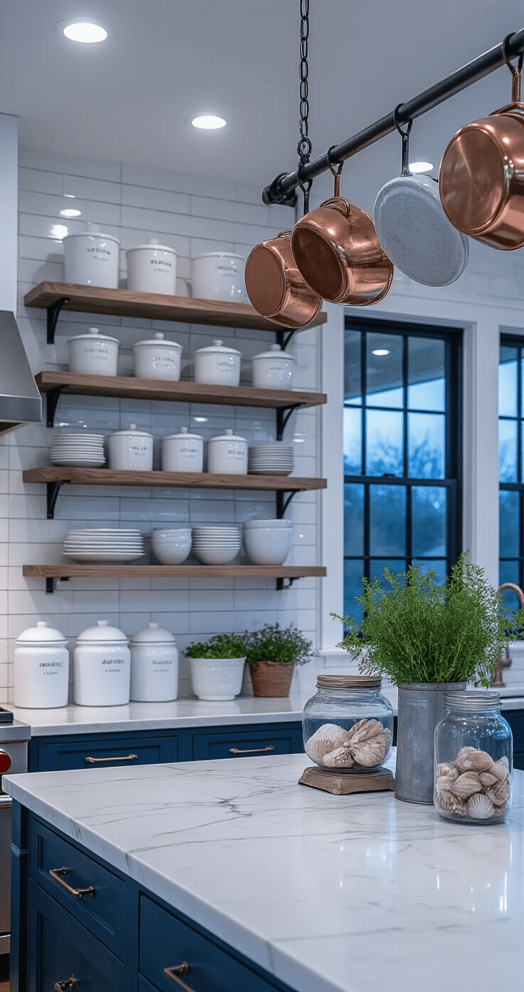 Coastal Kitchen Decor: Transform Your Space into a Breezy Seaside Sanctuary Eye-level view of a coastal kitchen prep area at twilight, featuring white marble countertops, open shelving with ironstone and glass jars, hanging copper pots, and styled with herbs in mason jars and a vintage scale. The moody lighting highlights the textures, with a color palette of cool whites, deep navy, and aged copper.