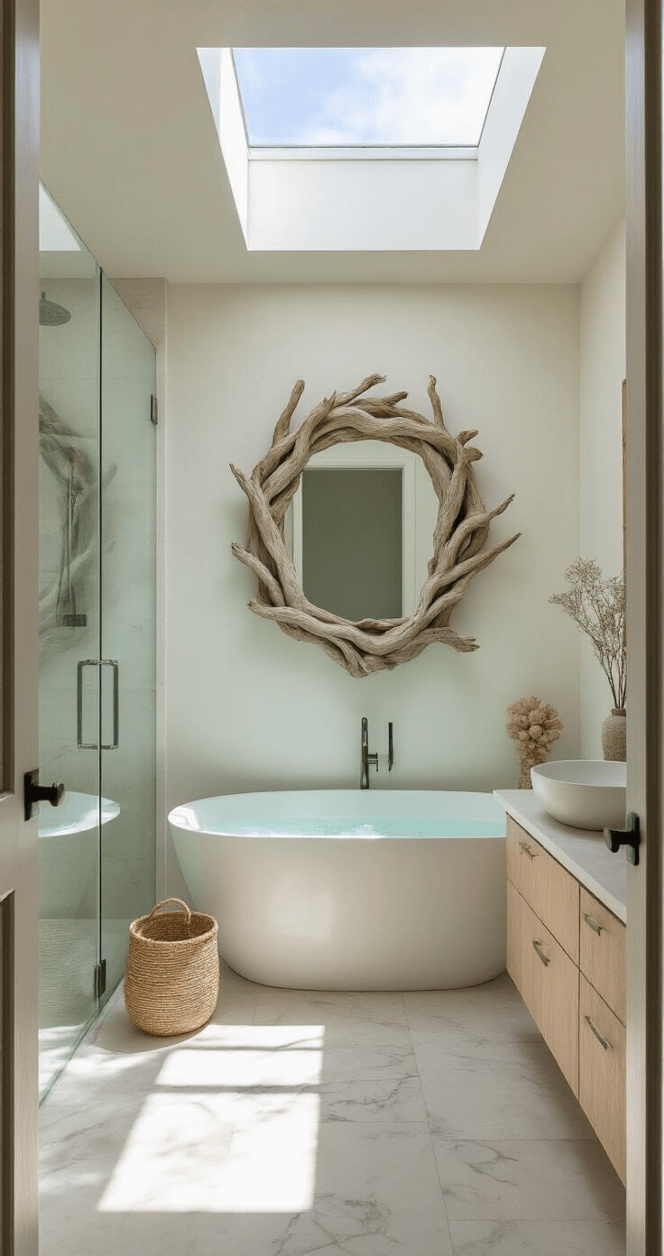 Coastal Driftwood Wall Decor: Transform Your Space with Natural Beach-Inspired Elegance A minimalist beach bathroom featuring a freestanding soaking tub beneath a driftwood mirror, illuminated by late morning light. The marble tile floor casts dramatic shadows, while a floating bleached oak vanity with a vessel sink complements the serene color palette of cloud white, driftwood beige, pale aqua, and silver sage. A glass shower enclosure reflects light, and organic elements like sea sponges and air plants enhance the tranquil atmosphere.
