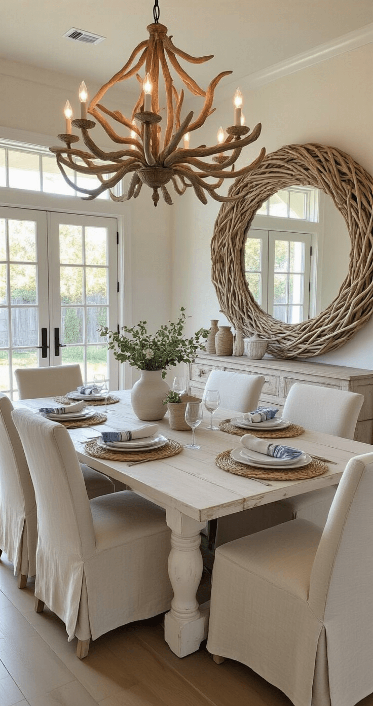 Coastal Driftwood Wall Decor: Transform Your Space with Natural Beach-Inspired Elegance A coastal dining space featuring a driftwood chandelier above a whitewashed farmhouse table, with slip-covered linen chairs, an oversized driftwood mirror, and warm golden hour lighting, creating an intimate atmosphere with natural textures and coastal colors.