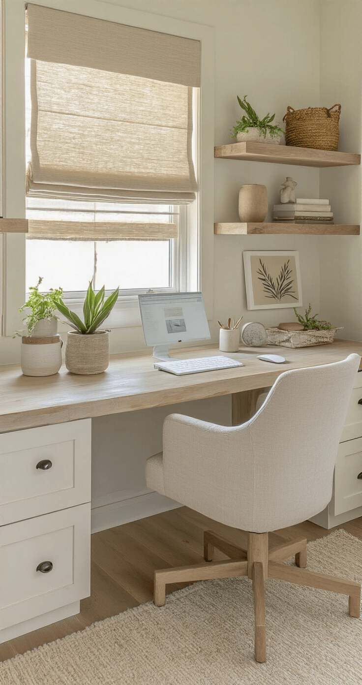 Coastal Driftwood Wall Decor: Transform Your Space with Natural Beach-Inspired Elegance A serene home office featuring a modern whitewashed oak desk and ergonomic chair, with built-in driftwood floating shelves styled with ceramics and air plants, bathed in diffused afternoon light through roman shades. The decor in warm white, soft greige, pale driftwood, and sage green creates a calm, focused atmosphere.