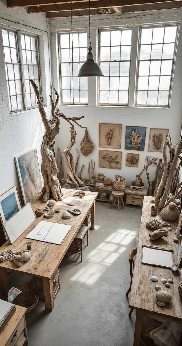 Coastal Driftwood Wall Decor: Transform Your Space with Natural Beach-Inspired Elegance A bird's eye view of an artist's studio loft featuring a driftwood sculpture garden, a raw wood workbench, and a vintage drafting table, all bathed in natural north light. The gallery wall showcases driftwood installations against a backdrop of pure white, weathered gray, and ocean blue, with textural elements like canvas, rope, shells, and dried botanicals enhancing the creative energy of the space.