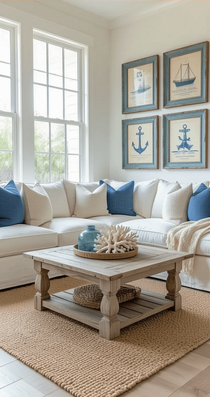 Coastal Decor Near Me: Your Ultimate Shopping Guide A sunlit coastal-themed living room featuring whitewashed hardwood floors, a plush ivory sectional with blue and beige pillows, a driftwood coffee table with coral and sea glass decor, layered jute rugs, and a gallery wall of blue-framed mirrors and maritime prints.