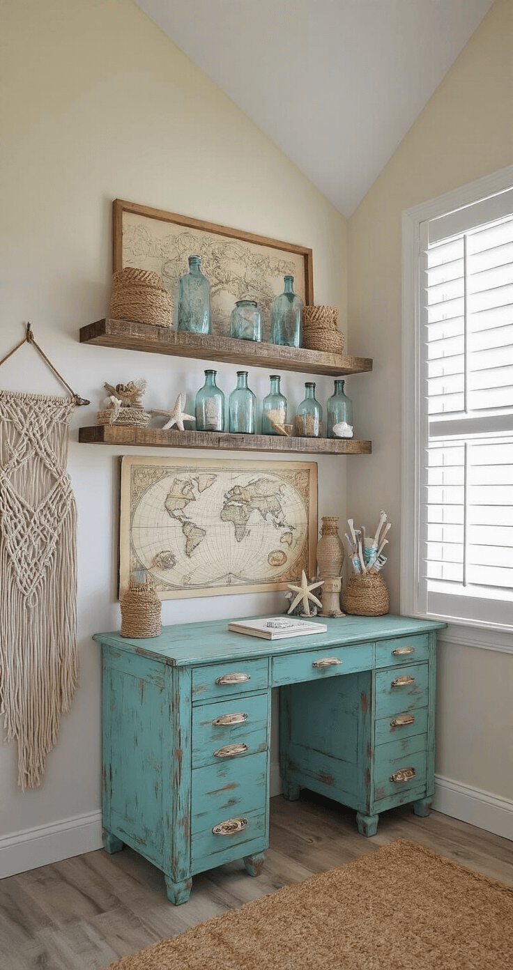 Coastal Decor Near Me: Your Ultimate Shopping Guide A cozy craft room featuring rustic decor, with vaulted ceilings illuminated by morning light through plantation shutters. Floating barnwood shelves showcase glass bottles, starfish, and rope-wrapped candles. A weathered turquoise desk serves as a DIY station, complemented by a macramé wall hanging and a vintage nautical map. The shot captures the room from eye level, highlighting its vertical space and soft lighting.