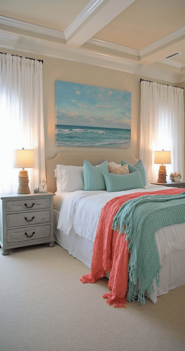 Coastal Decor Near Me: Your Ultimate Shopping Guide Coastal-themed bedroom at dusk, featuring a king bed with white linens and seafoam and coral throws, weathered gray nightstands with rope-wrapped lamps, and an oversized seascape canvas, all illuminated by warm accent lighting through sheer white curtains.