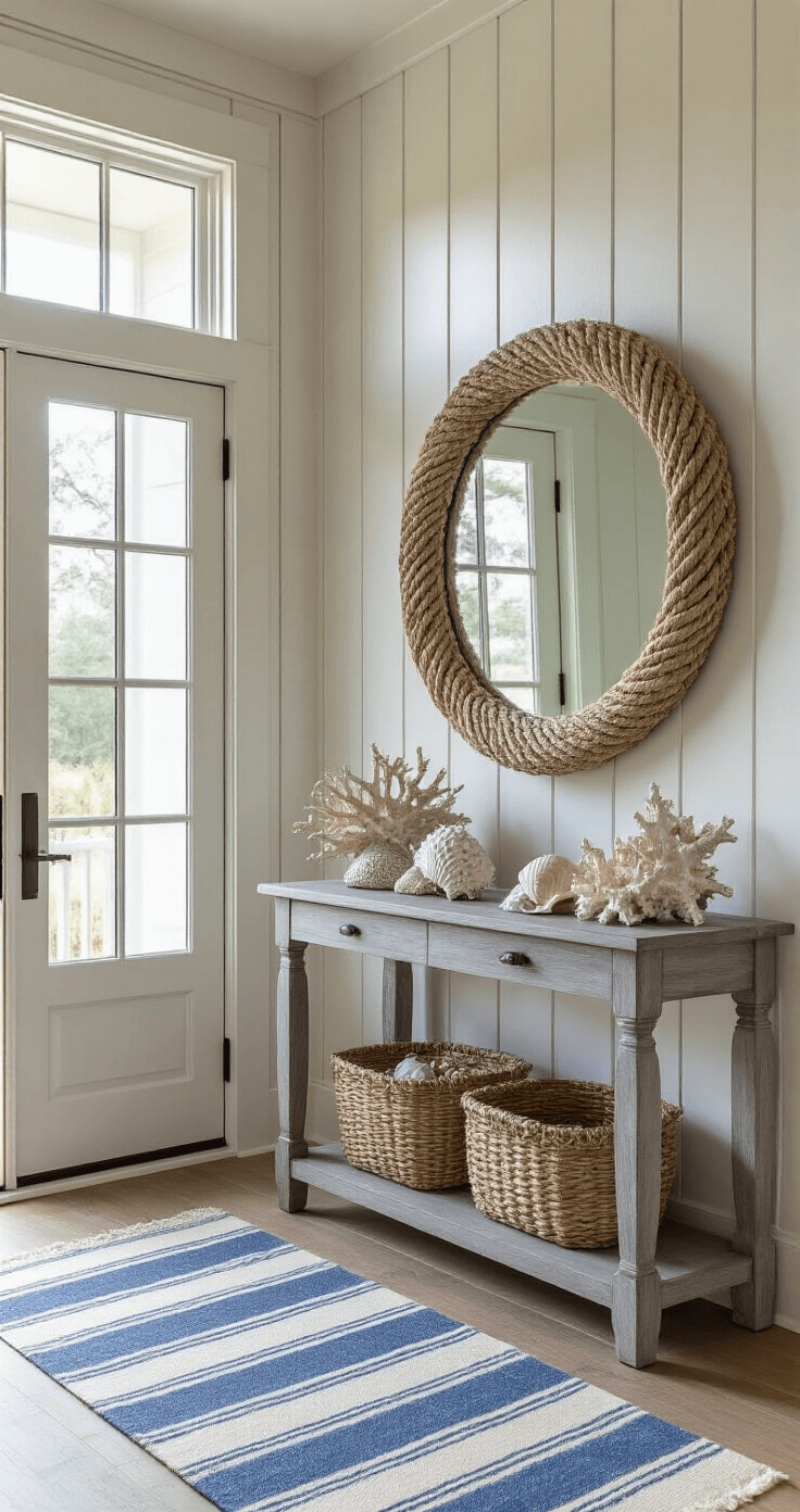 Coastal Decor Near Me: Your Ultimate Shopping Guide Entrance of a beach house featuring board and batten walls, illuminated by early morning light from a transom window, with a weathered gray console table displaying shells and coral, an oversized circular mirror with rope detail, and layered blue striped runners leading to the living space.
