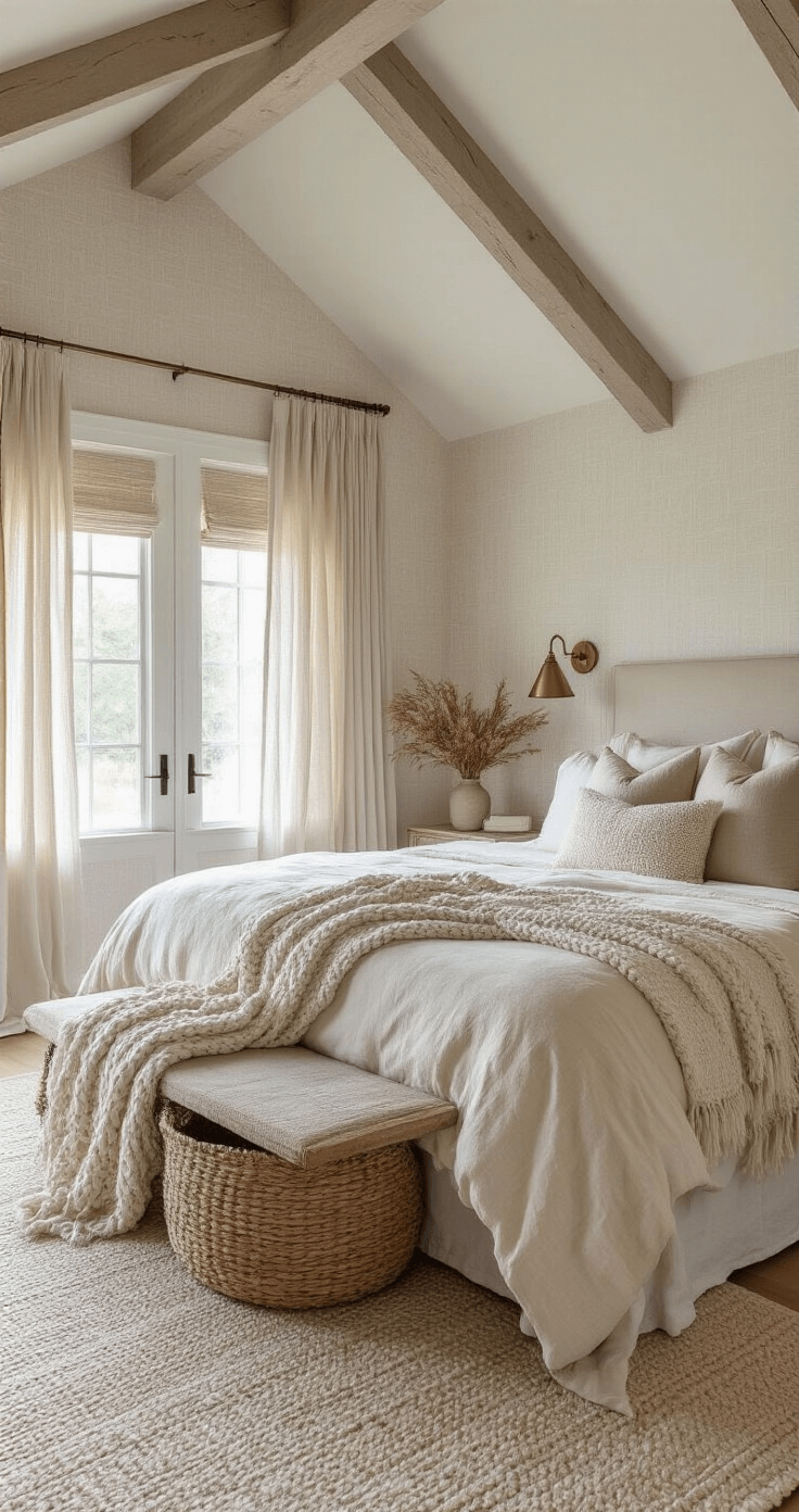 Coastal Fall Decor: Transform Your Space with Serene Seaside Autumn Vibes A master bedroom sanctuary featuring a king bed with rumpled cream linens and chunky gray throws, under a vaulted ceiling with early morning light filtering through sheer linen drapes. Weathered brass sconces adorn the walls, while a woven basket holds dried botanicals. The textured ivory wallpaper adds depth to the serene atmosphere, captured in soft focus to highlight the bed against the spacious room.