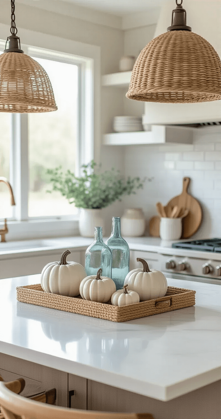 Coastal Fall Decor: Transform Your Space with Serene Seaside Autumn Vibes A bright, airy kitchen with a white marble island featuring a decorative brass tray holding neutral ceramic pumpkins and sea-glass bottles, illuminated by woven pendant lights, with a textured subway tile backsplash in the background, captured at a 45-degree angle.