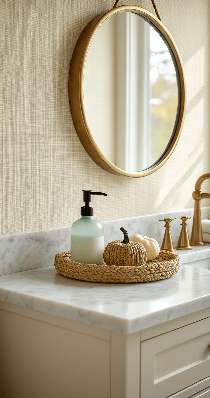Coastal Fall Decor: Transform Your Space with Serene Seaside Autumn Vibes A beautifully styled bathroom vanity featuring a marble countertop adorned with a sea-glass soap dispenser, woven tray, small brass objects, and a miniature rope pumpkin, all bathed in soft morning light filtering through a frosted window. The round brass mirror reflects the warm cream textured wallpaper, enhancing the spa-like ambiance.
