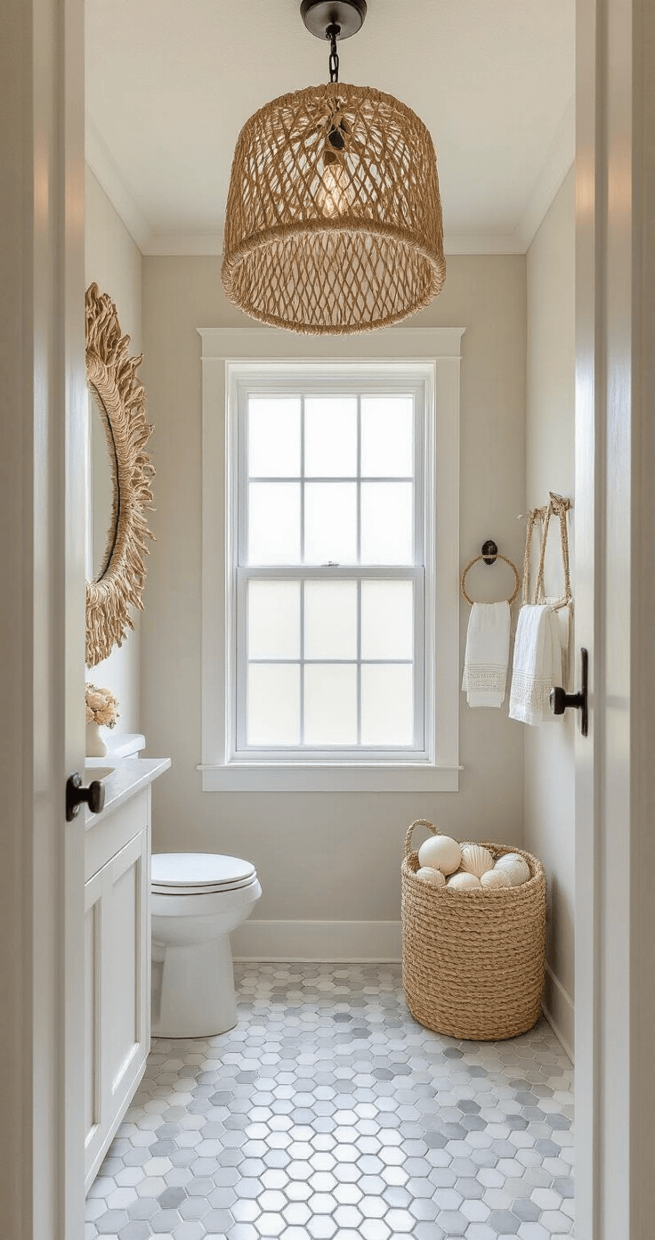 Coastal Clearance Deals: Score Amazing Beach-Inspired Home Decor on a Budget Compact powder room with hexagonal marble floor tiles and a frosted window. Features include a rope-framed mirror, seashell-motif hand towels, a rope chandelier, and a shell garland, all in afternoon light, enhancing the coastal theme.