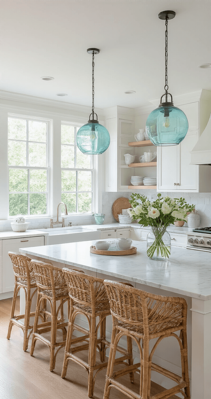 Coastal Clearance Deals: Score Amazing Beach-Inspired Home Decor on a Budget A bright open concept kitchen-dining space featuring white cabinetry and aqua glass pendant lights over a marble island, complemented by budget-friendly rattan bar stools and coastal decor. Sunlight streams through bay windows, highlighting Pottery Barn ceramic vessels on open shelving, captured from an elevated angle to showcase the spatial flow.