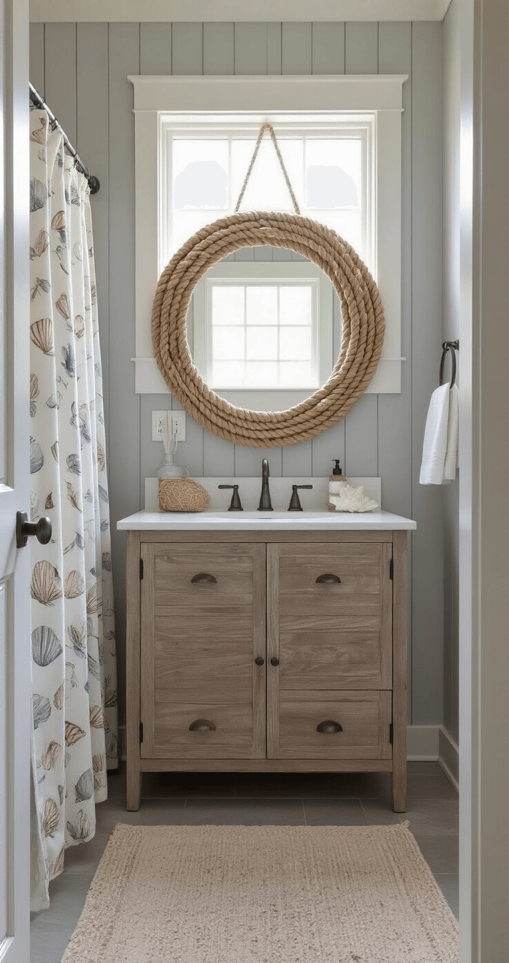 Coastal Clearance Deals: Score Amazing Beach-Inspired Home Decor on a Budget A cozy 8x10ft guest bathroom featuring soft gray board and batten walls, illuminated by mid-morning light through a privacy window. The room includes a rope-framed vanity mirror, a shell-motif shower curtain, and budget-friendly coastal accessories, complemented by a premium driftwood art piece. Captured at eye level, the image highlights vertical elements and soft, diffused lighting that enhances the textures.