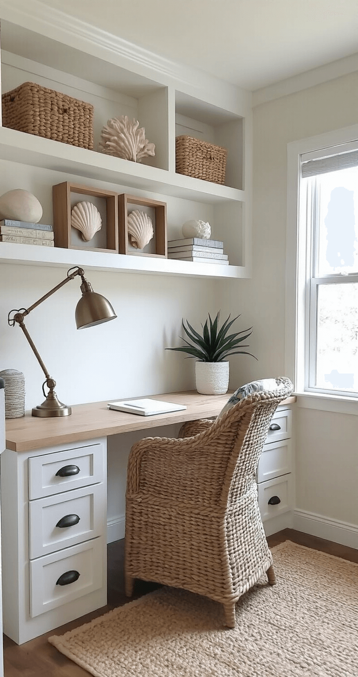 Coastal Clearance Deals: Score Amazing Beach-Inspired Home Decor on a Budget Cozy home office nook featuring built-in shelving, a rope-wrapped desk lamp, and shell shadowboxes, illuminated by late morning light from an adjacent window. Coral specimens from Pottery Barn showcased on floating shelves, blending high and low coastal decor for a curated look, captured from a seated perspective.