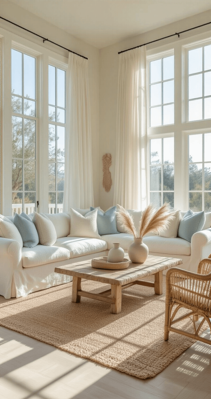 Effortless Coastal Modern Decor: Transform Your Space into a Serene Seaside Retreat A sunlit living room featuring a cream linen sofa with textured pillows, a natural jute rug, and an asymmetrical driftwood coffee table, illuminated by afternoon light, showcasing whitewashed oak floors and expansive windows, with layered white curtains and minimal coastal art.